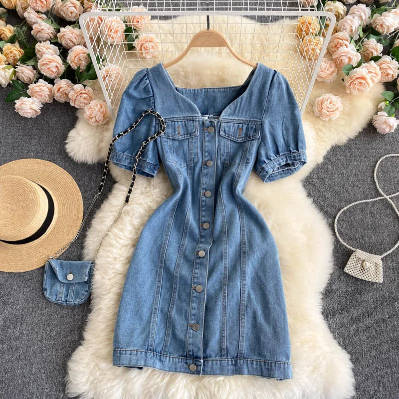 

Retro summer denim dress women square collar puff sleeve single breated slim a-line dress