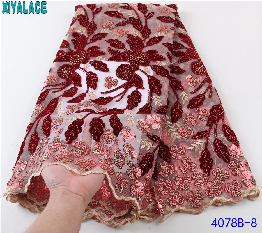 

High Quality Velvet Fabric Sequined African Lace Fabric Embroidered Nigerian Net Fabric with Stones For Wedding Dresses KS4078B