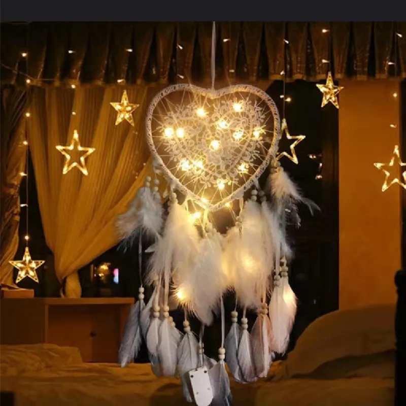 

Рождественский Романтический светодиодный ночник «Ловец снов» с перьями и сердцем, ночник для дома, прикроватный настенный подвесной праз...