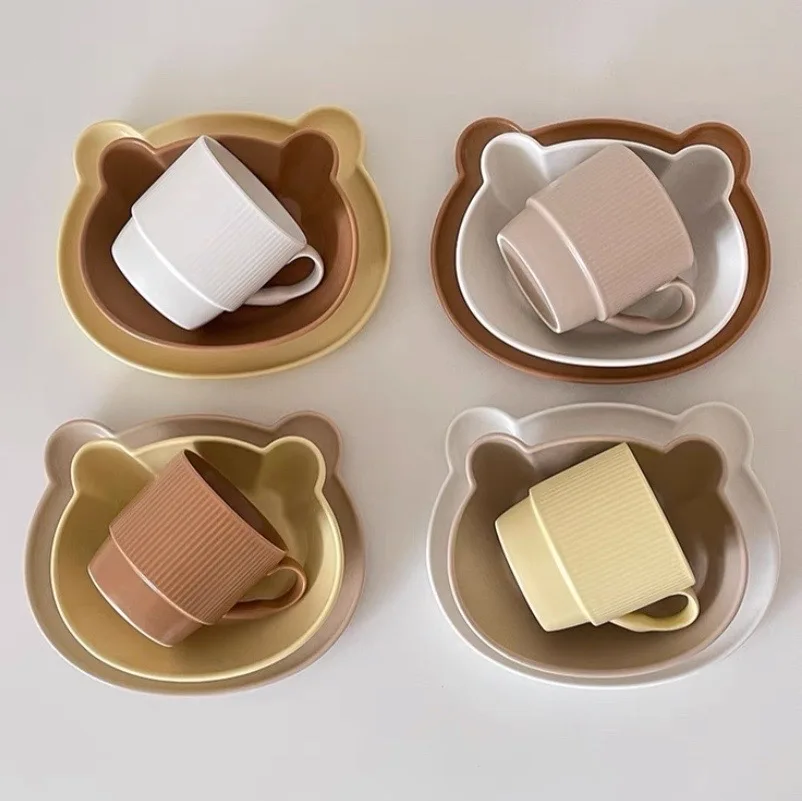 

Mug Cup Ceramic Mesas Dulces Bear Bowl Tableware Dessert Breakfast Plate Korean Taart Standaard Set Cute Assiette Or Stand