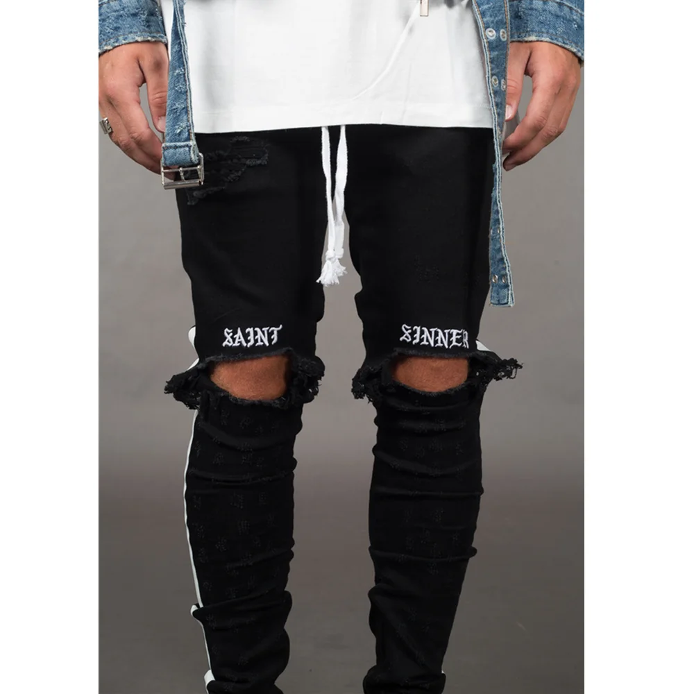 Men's Pants Bare Knees Streetwear Denim Jeans for Men Ripped Hole Stretch Jeans Plus Size Full Length Pencil Pants Side Stripes