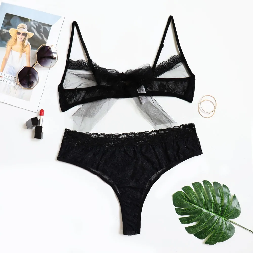 

Women Plus Size Sexy Hollow Bowknot Wireless Bra + Brief Lingerie Set See-through Lace Erotic Hollow Out Underwear Temptation CD