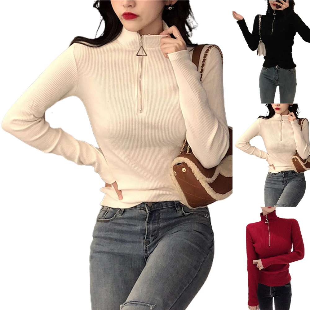 

Женский трикотажный свитер на молнии с длинным рукавом и воротником