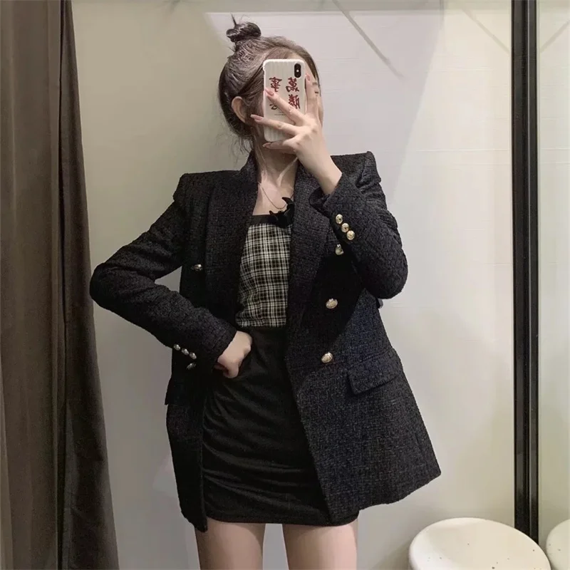 Женский твидовый блейзер с длинным рукавом двойным рядом пуговиц | Женская