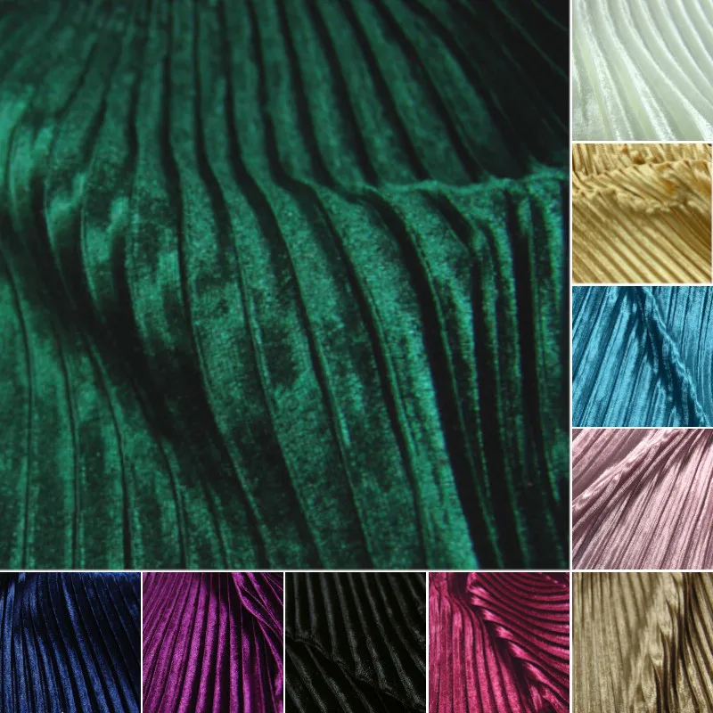 Vintage Pleated Velvet Fabric Crinkle Pleuche Velvet Fabric For Dress,Skirt,Black,White,Blue,Green,Pink,Red,Grey,by the meter