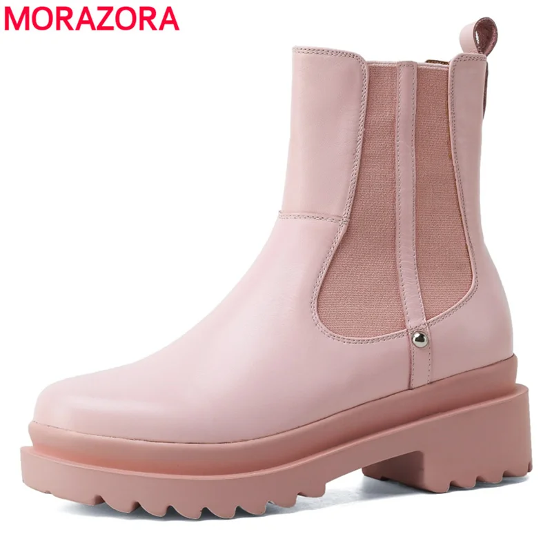 

MORAZORA Plus Size 34-41 Genuine Leather Boots Women Chunky Chelsea Boots Sweet Square Heels Ankle Boots Fashion Autumn Shoes