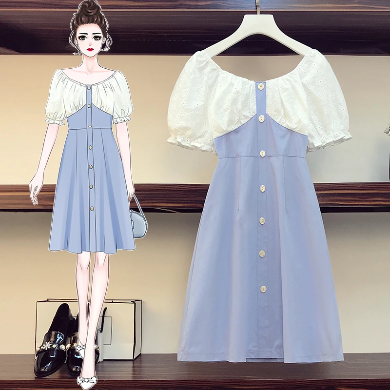 

4XL Plus Size Women Blue Cute Dress Dress Summer 2021 Slash Neck Flower Embroidery White Puff Sleeve Cotton A-Line Shirt Dresses