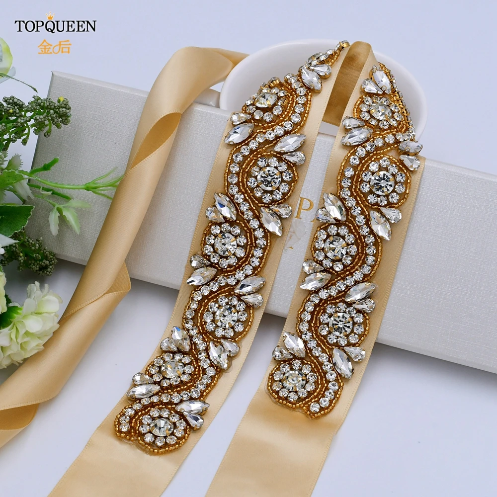 TOPQUEEN S164-G Золотая лента для платья Золотые стразы пояс невесты подружки