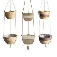 natural hand woven 2 tier hanging planter basket handmade plant hanger decorative hanging planter pot holder for home decoration