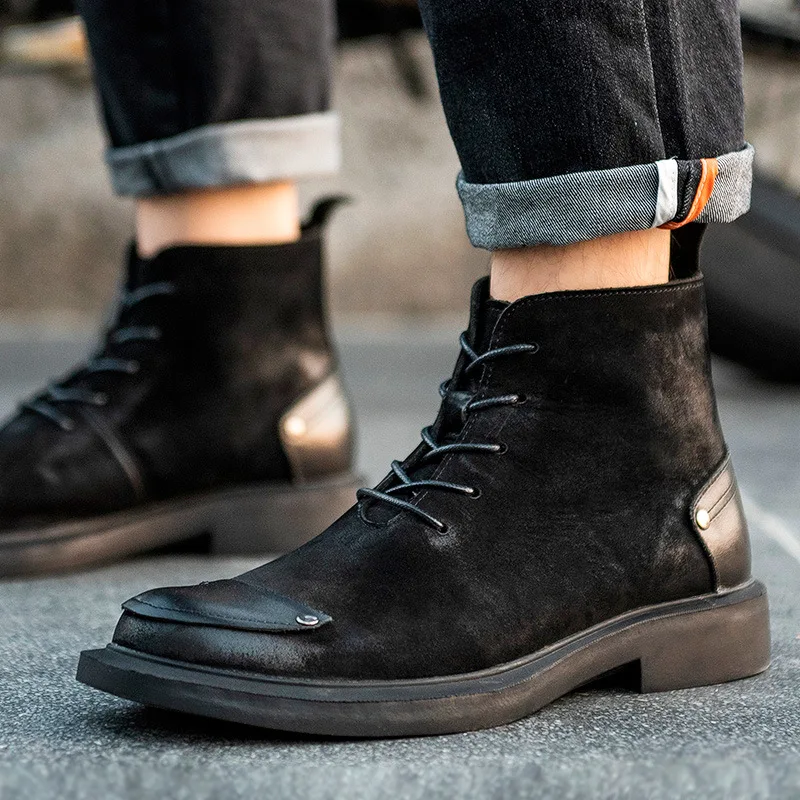 

Leather Rivets Punk Men Genuine Retro High Street Lace Up Motorcycle Boots Designer England Style Black Ankle Shoes