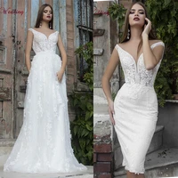 elegant v neck lace floral wedding dress with detachable train short midi wedding gown removable skirt backless bridal gown 2021