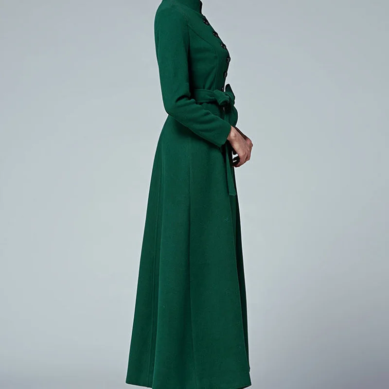Женское шерстяное длинное пальто темно-зеленое однобортное с отложным