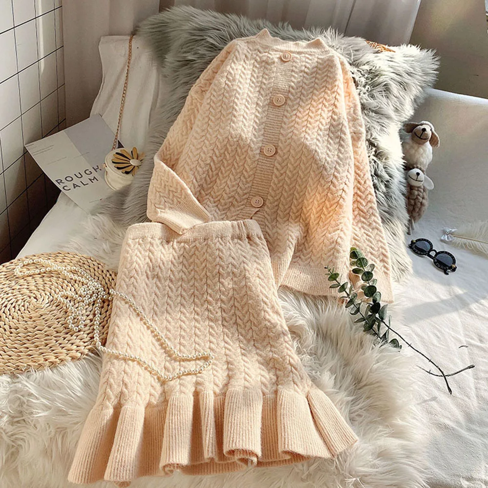 Woman 2021 knitting Suit Skirt Two-piece Autumn Winter Pullover Tops + Short Sweater Chic Lotus Leaf Hem |