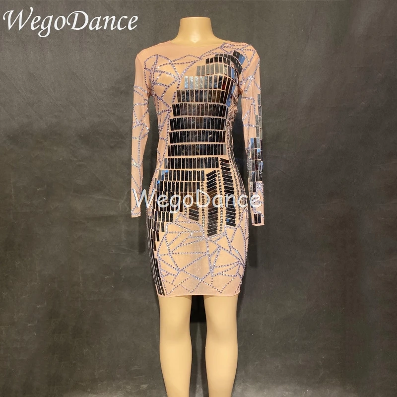 

New Sparkly Rhinestones Mirror Sequins Mesh Dress Women's Birthday Celebrate Nightclub Singer Sexy See Through Dresses