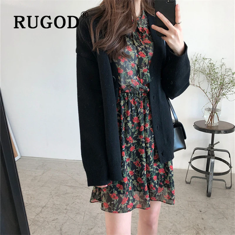 RUGOD Cardigan women Korean solid single-breasted V neck knitted lady sweater coat 2019 Fashion auturm warm oversized outwear |