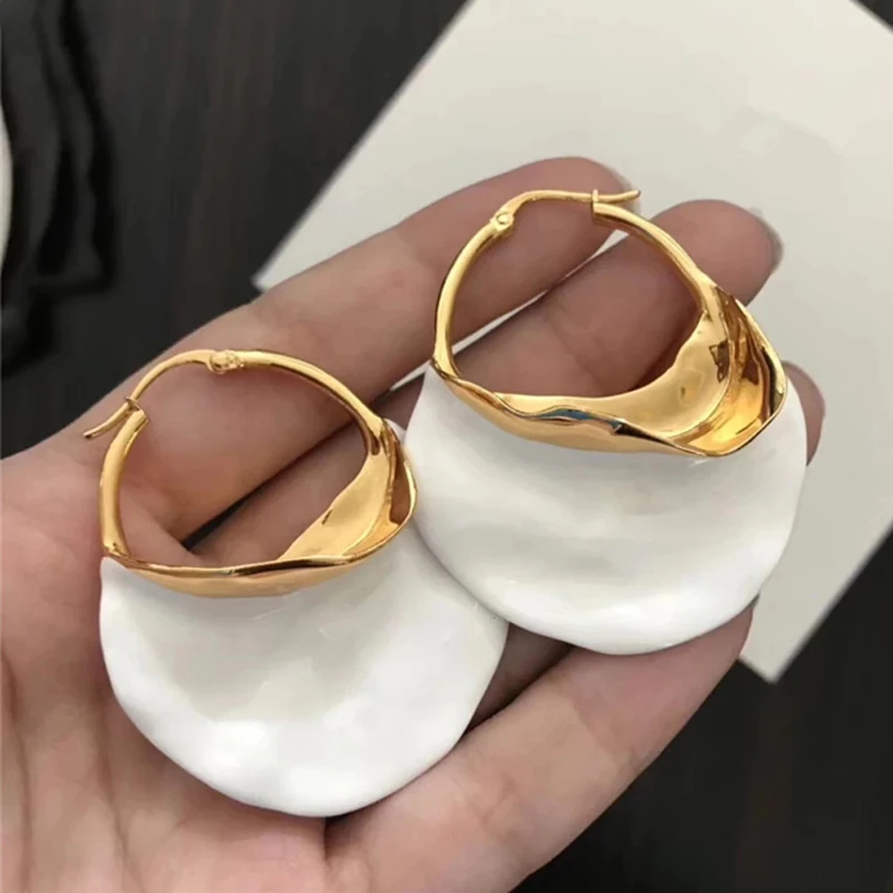 

Hyperbole Stud Earrings Irregular Metal Basket Large Hoop For Women Big White Enamel Statement Earrings Sale Bijoux 2021