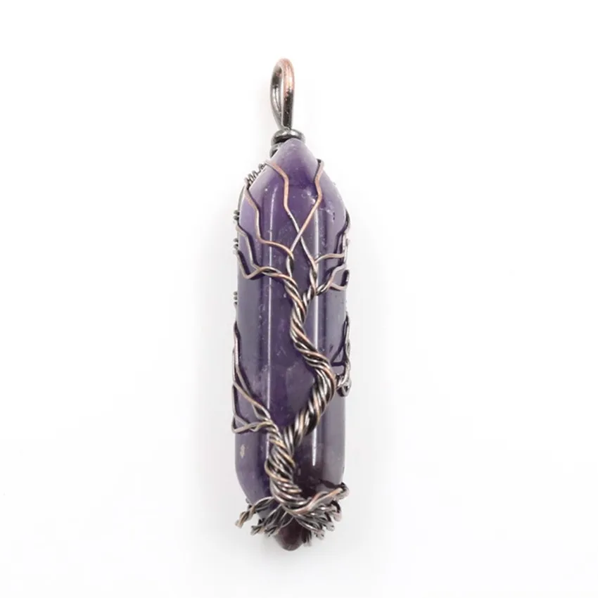 

FYJS Unique Copper Wire Wrap Crystal Pillar Amethysts Stone Pendant Green Aventurine Antique Jewelry