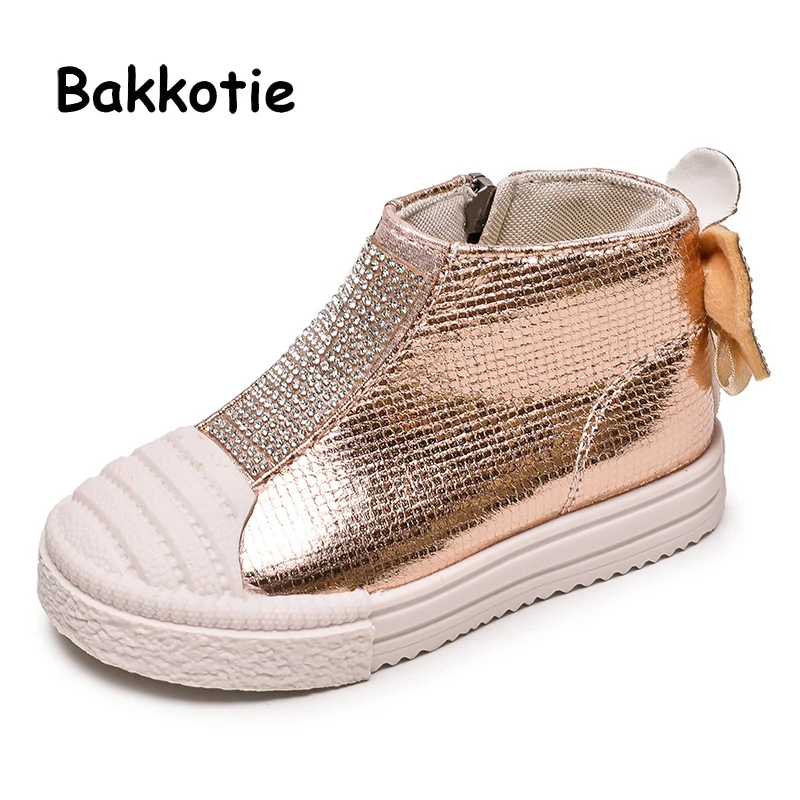 Bakkotie 2019 Baby Autumn Girls Sparkling Casual Shoes Kids Fashion Bowtie Breathable High Sneakers Toddler Silver Sports |