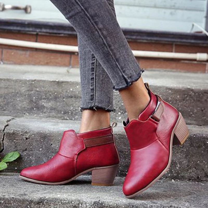 

2020 Autumn Winter Women Hook Loop Ankle Boots Big Size Female Pu Leather Mid Heel Ladies Pointed Toe Short Boots Casual Shoe