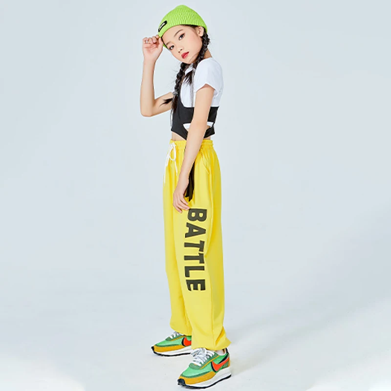 

Hip Hop Girls Danceing Practice Clothing Yellow Suit Short Sleeve Tops Outfit Summer Ballroom Dance Costume WD0023