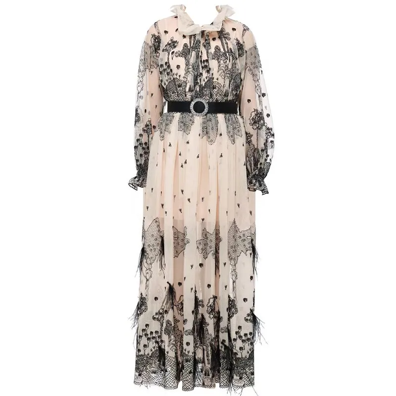 Зима 2019 симпатичные с перьями длинное платье длинный рукав вышивка сетка кружево