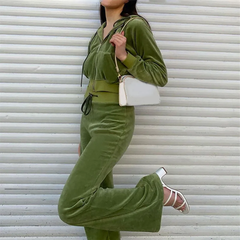 

Casual Solid Velvet 2 Two Piece Set Women Long Sleeve Zipper Hoodies And Drawstring Wide Leg Pants Fashion Streetwear