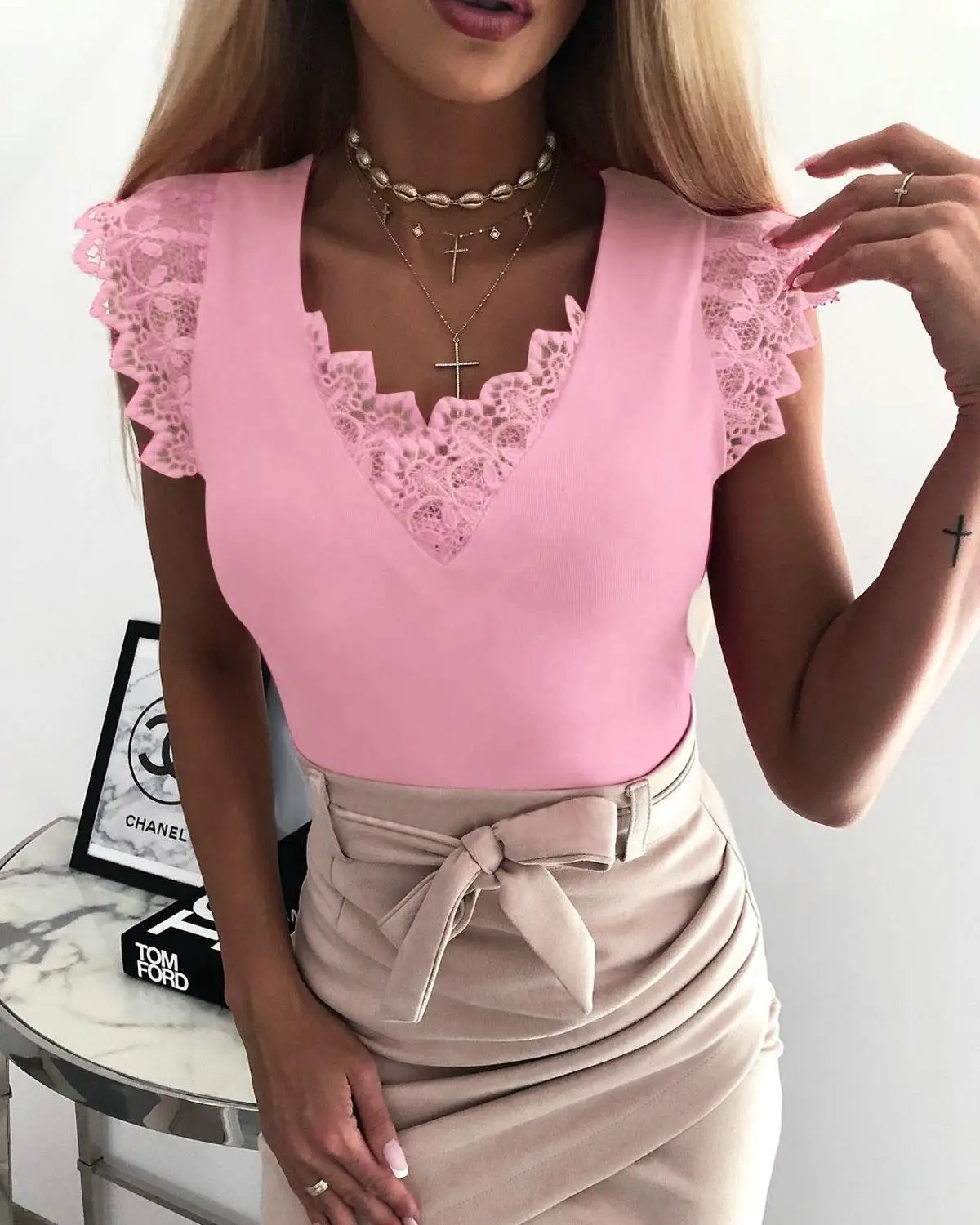pink ZC3099 Рубашка Женская Кружевная футболка без рукавов Новое поступление летняя футболка большие размеры сексуальные с открытой спиной белые клубный топ футболки майка топ harajuku женские футболки одежда для женщин - Цвет: pink ZC3099