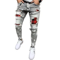 stretch man denim ripped jeans embroidered denim grid jogging mens trousers pants elastic patchwork quilted skinny waist jeans