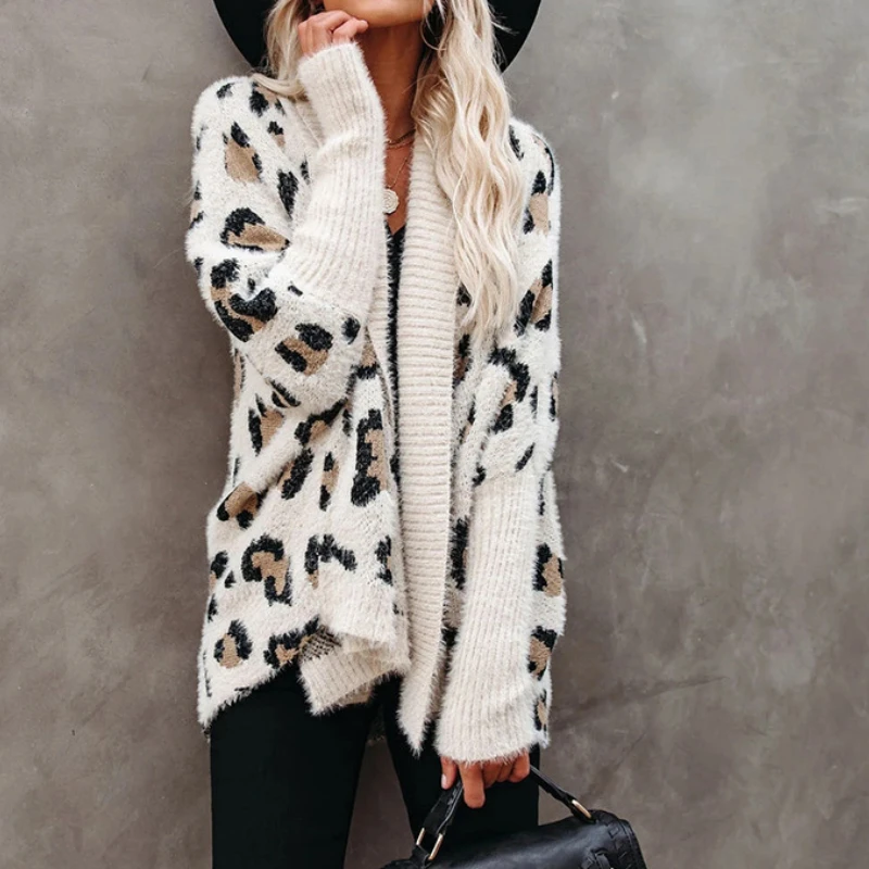 

Women Winter Coats Fuzzy Leopard Long Cardigans 2021 Bohemian Slim Batwing Sleeve Oversized Sweaters Fashion Cardigan for Female
