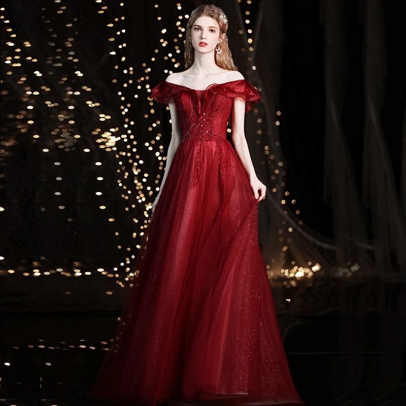 

Evening Dress Luxurious Simple Beads Boat Neck Sequins Foor-Length Short Sleeves Burgundy Tulle Woman Formal Party Gowns A1465