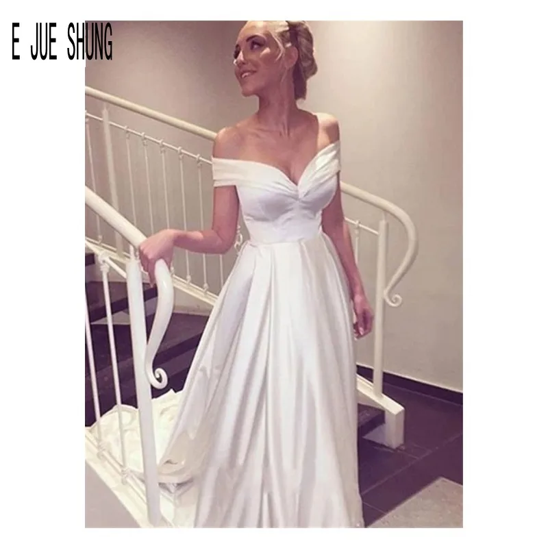 

E JUE SHUNG Long White satin Wedding Gowns Off Shoulder Backless Cheap A Line Bride Dress Robe De Soiree