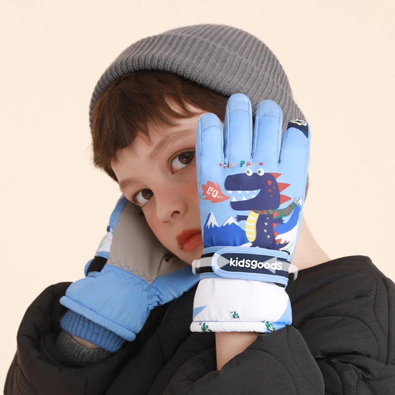 

Детские зимние ветрозащитные теплые утепленные варежки, Детские Водонепроницаемые перчатки с мультипликационным динозавром для мальчико...