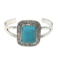 trendy silver plated alloy rectangle shape green turquoises stone cuff bangle geometric jewelry