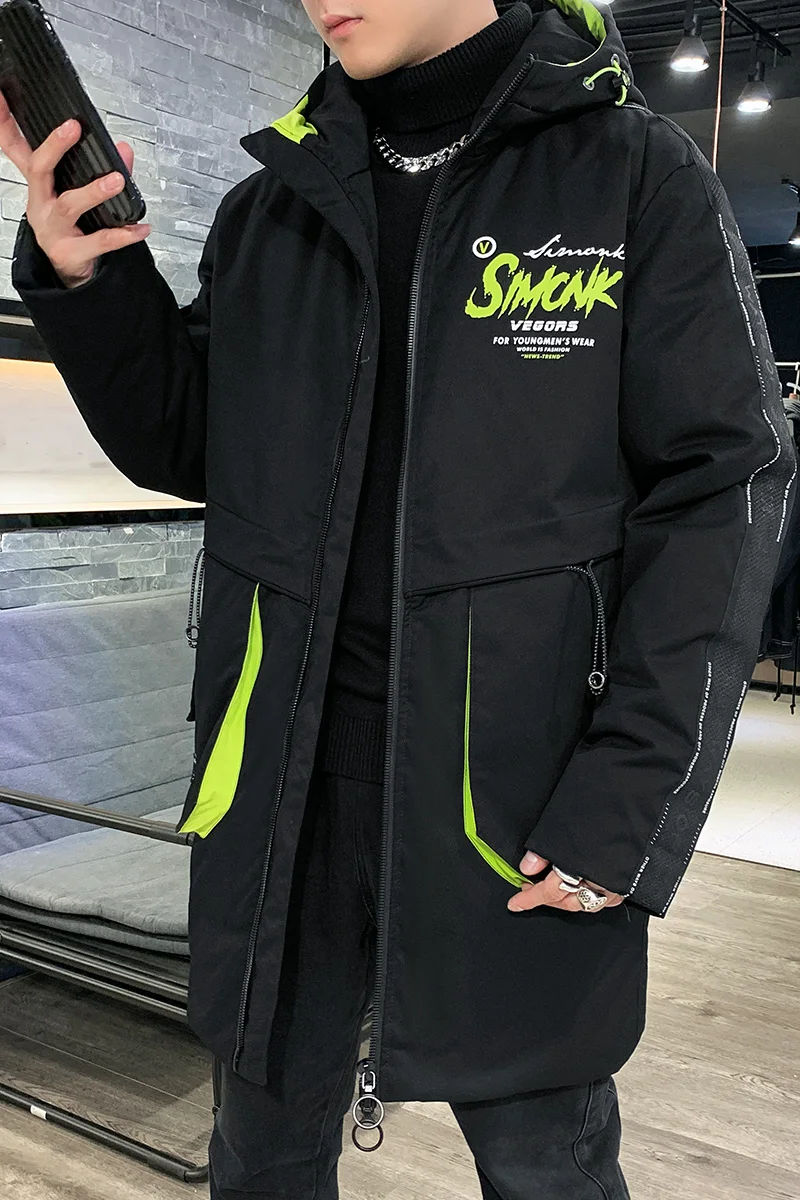Down jacket for men winter new fashion trend letter print hooded for men 90% white duck down medium and long warm thick coat