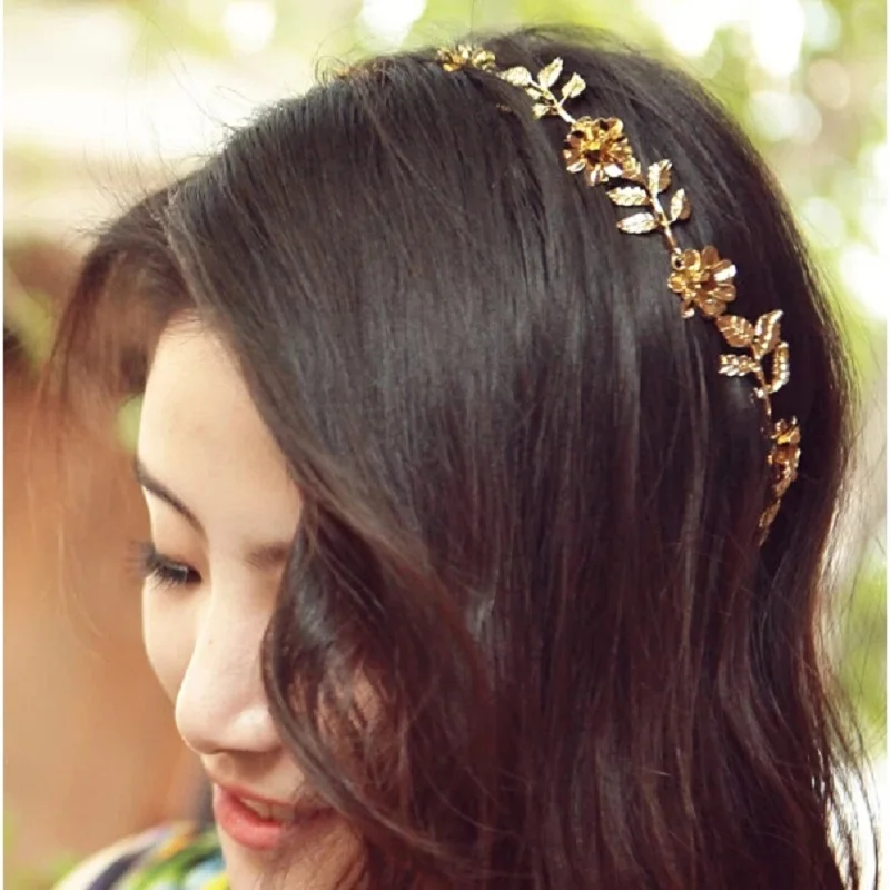 

New korea gold alloy flower leaf rhinestone hair band Stretchable hair accessories bride jewelry for the hair