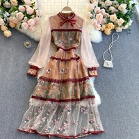 french style vintage court style sense dress round neck puff sleeve heavy industry net yarn crochet embroidery fairy skirt