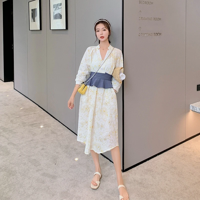 

Summer Dress Female Spring New Korean Floral Shawl Two-wear French V-neck Sweet High-waist Temperament Long Women's Skirt NM1