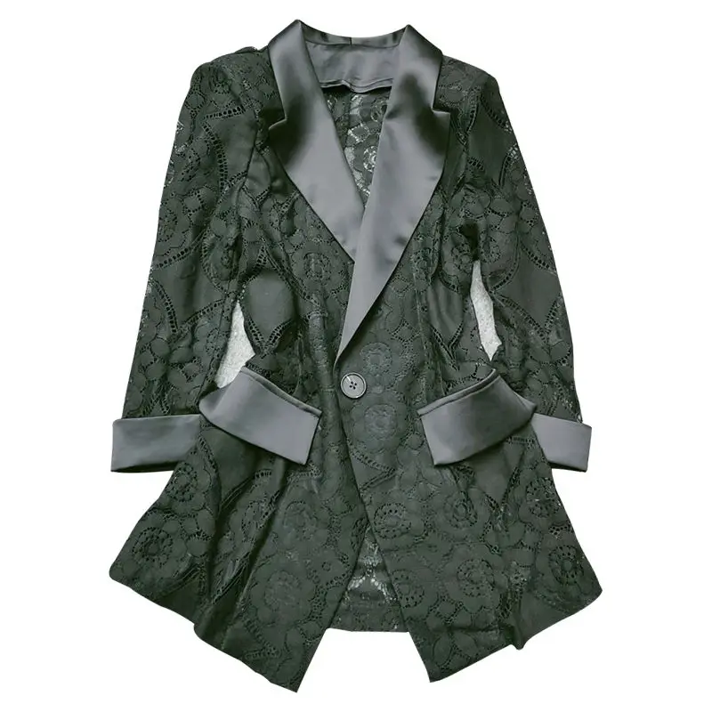 Женский кружевной пиджак черно-белый с пятиконечными рукавами и брюки в