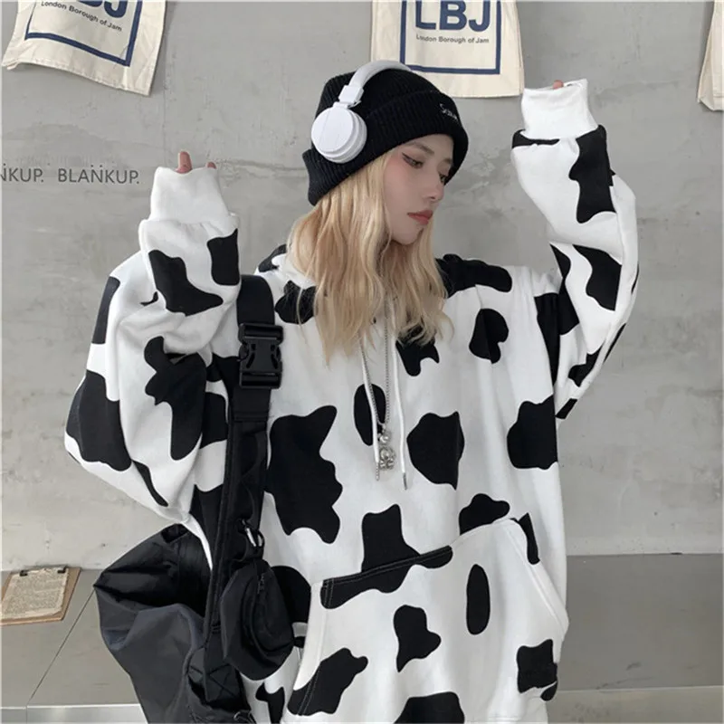 

Fashion Loose Women's Sweatshirt Hoodie 2020 Autumn Cow Print Long Sleeve Casual Pullover Oversized Streetwear Winter Clothes