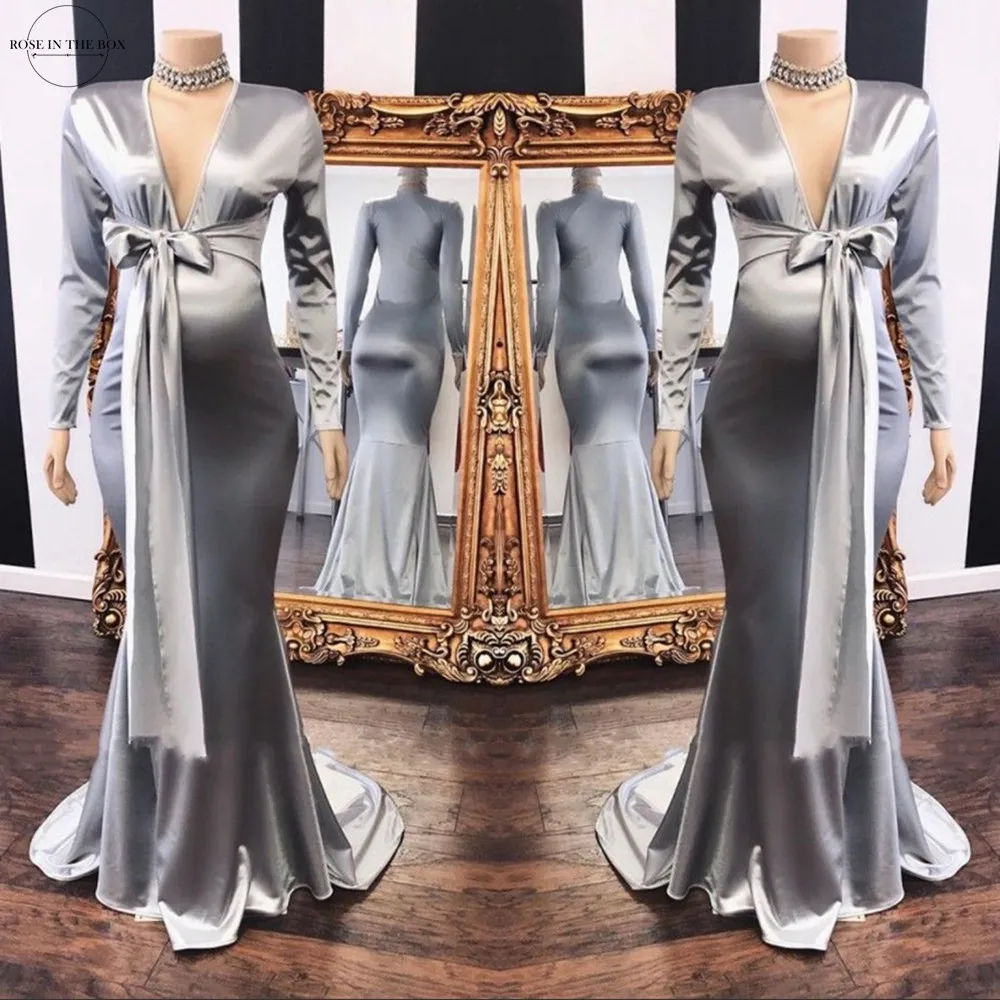 

Gorgeous Satin Silver Long Sleeve Mermaid Evening Dress 2022 Sexy Deep V Neck Evening Prom Gowns with Sashes Robe de Soiree