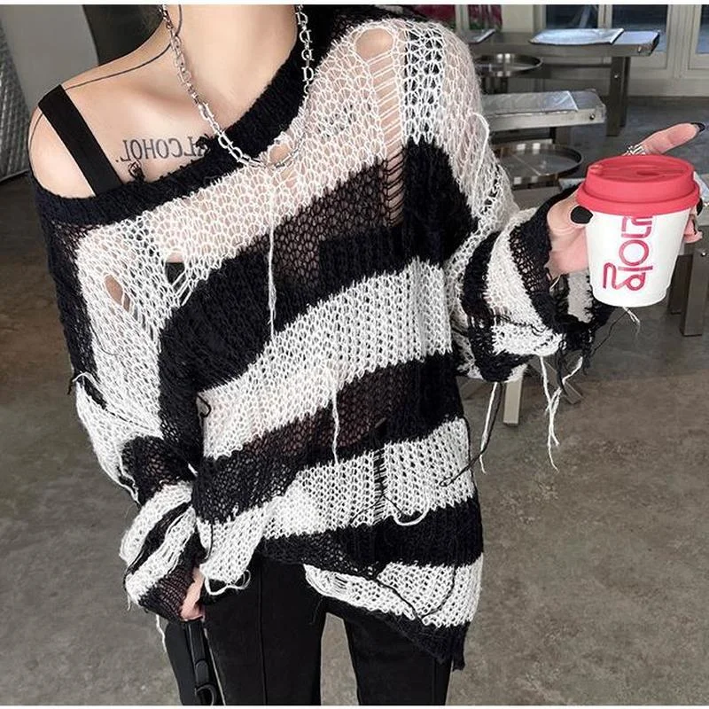 

Women Emo Sweaters Drunge Grunge O Neck Alt Hollow Out Striped Loose Harajuku Korean Gothic Sweater Knitted Top Goth Clothes