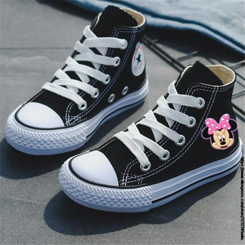 Высокие Детские холщовые туфли с Микки и Минни детские кроссовки обувь для