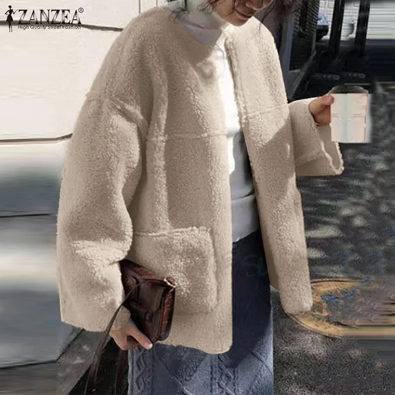 

Модные осенние однотонные куртки с длинным рукавом зимние Плюшевые Пушистые пальто ZANZEA Женские повседневные свободные пуловеры на молнии ...