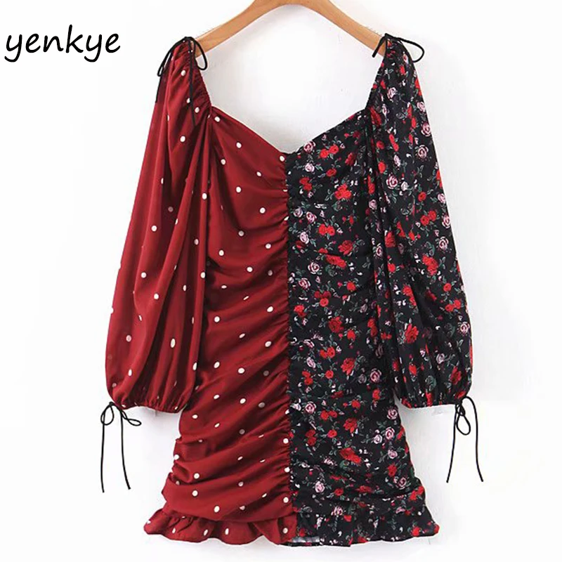 Женское винтажное платье мини в горошек с цветочным принтом стиле пэчворк