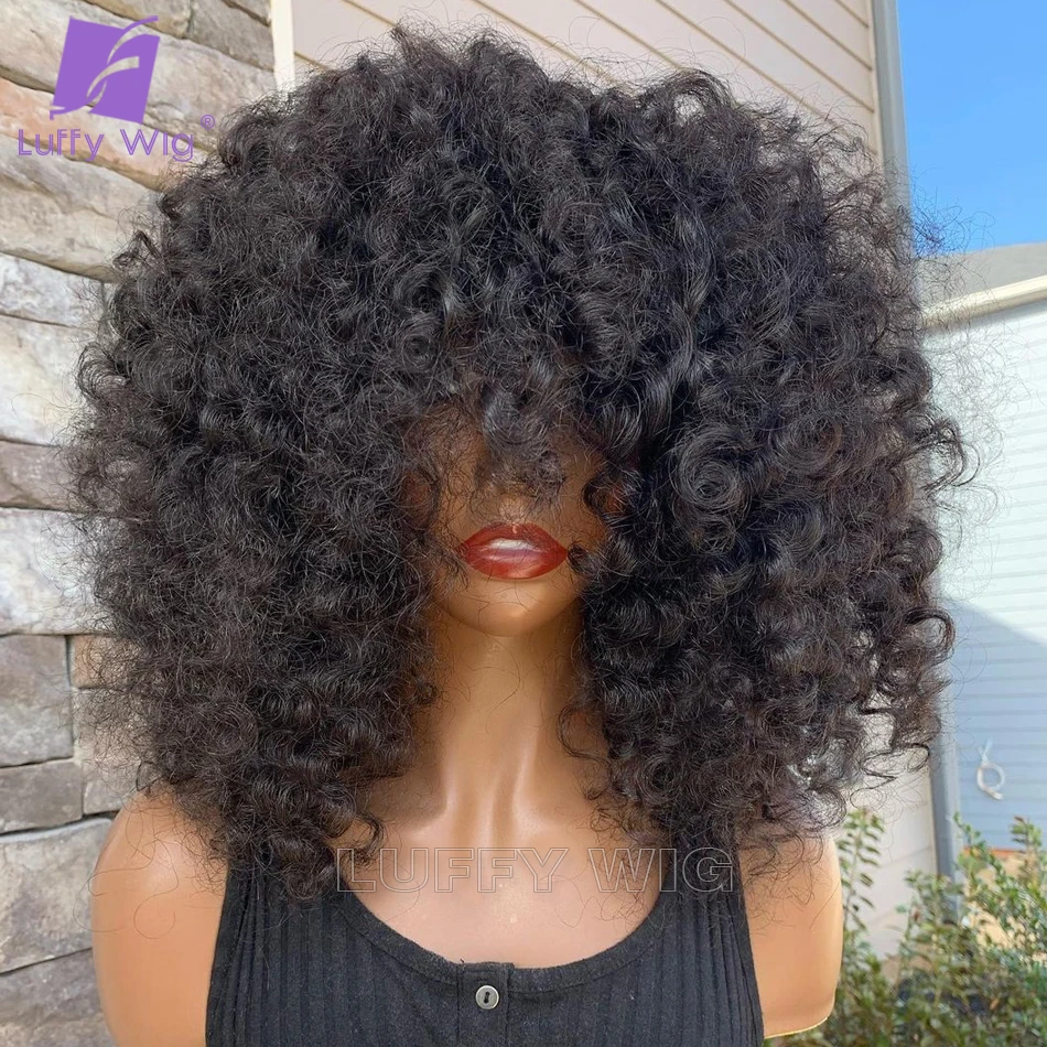 Loose Curly Wig With Bangs O Scalp Top Full Machine Made Human Hair Wigs Remy Indian Curly Wig For Women 16