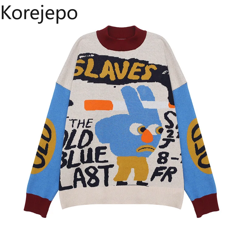 

Korejepo Women Sweater 2021 Autumn Winter New Korean Chic Retro Funny Printed O-neck Long-sleeved Pullover Outer Wear Female Top