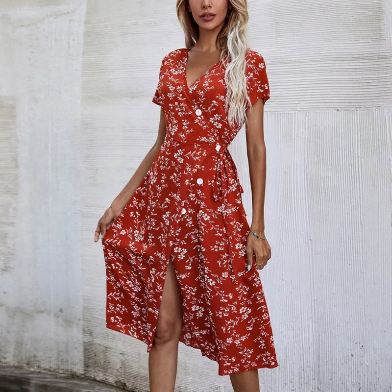 

Женское облегающее платье на пуговицах, красное платье с V-образным вырезом, рукавом летучая мышь, цветочным принтом и разрезом, лето