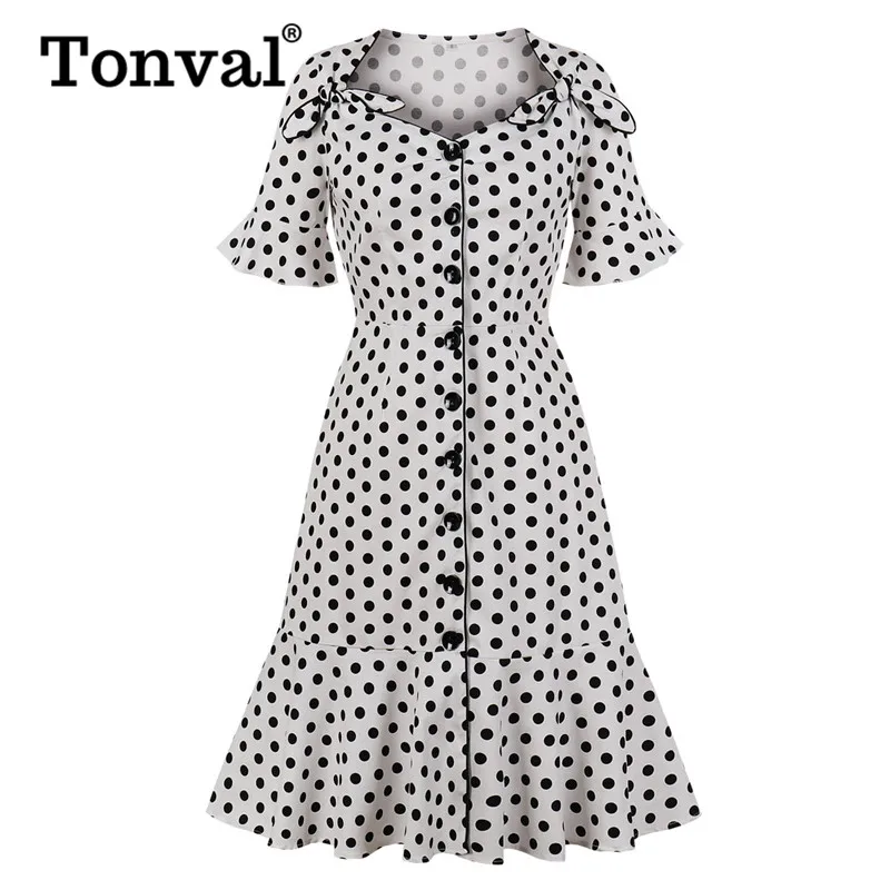 Женское однобортное платье в горошек Tonval винтавечерние ное праздничное белого