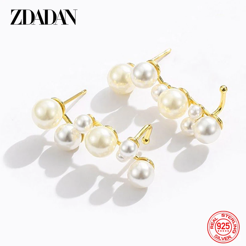 

ZDADAN 925 Sterling Silver 18K Gold Pearl Earrings For Women Fashion Engagement Jewelry Gifts