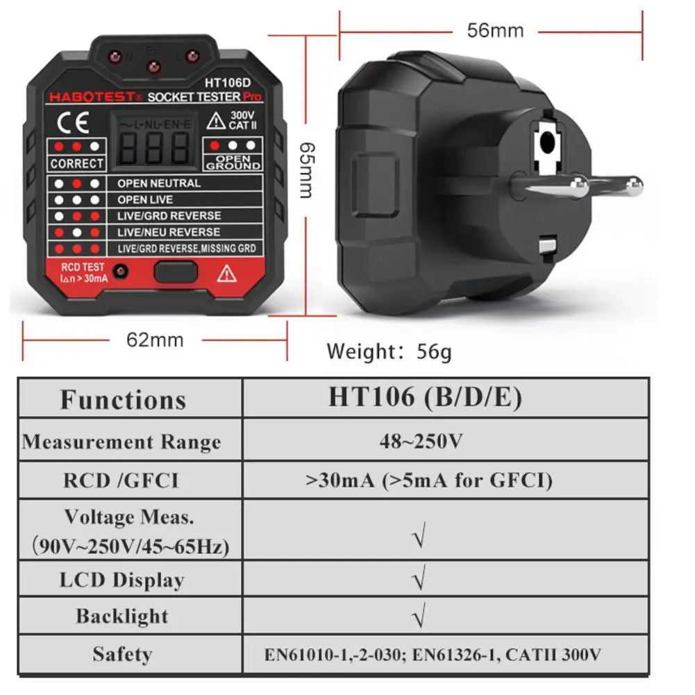 

1Pcs HT106 Socket Tester Pro Voltage Test Socket Detector Phase With US Display Plug Plug Polarity Check Ground Zero Line L S5P1